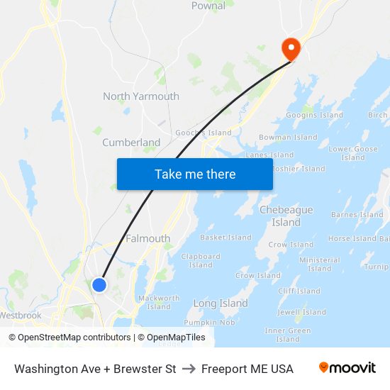 Washington Ave + Brewster St to Freeport ME USA map