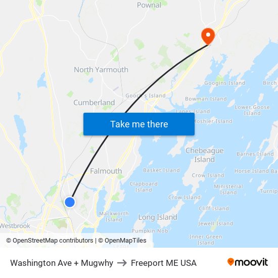 Washington Ave + Mugwhy to Freeport ME USA map