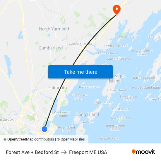 Forest Ave + Bedford St to Freeport ME USA map