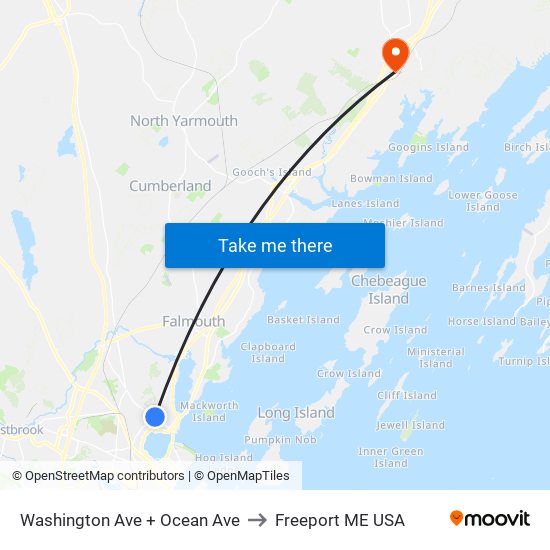 Washington Ave + Ocean Ave to Freeport ME USA map