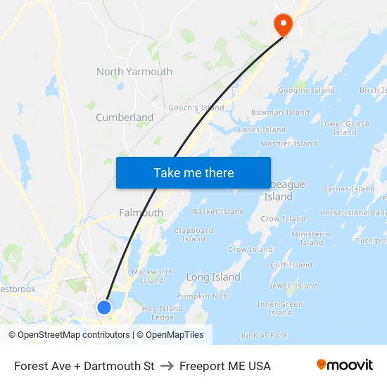 Forest Ave + Dartmouth St to Freeport ME USA map