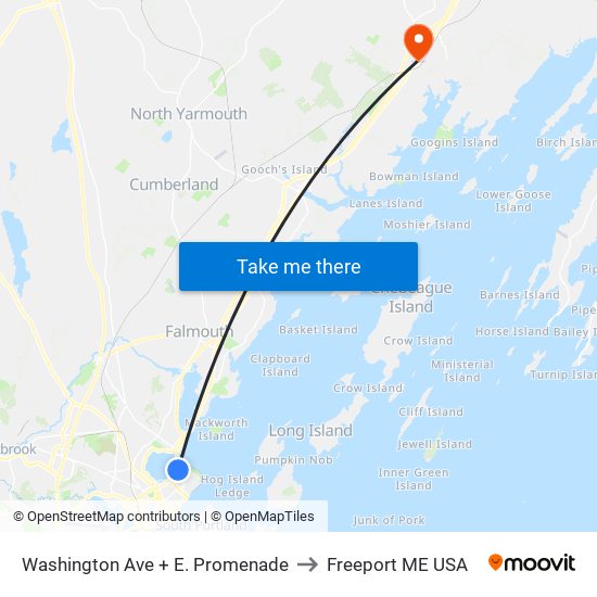 Washington Ave + E. Promenade to Freeport ME USA map