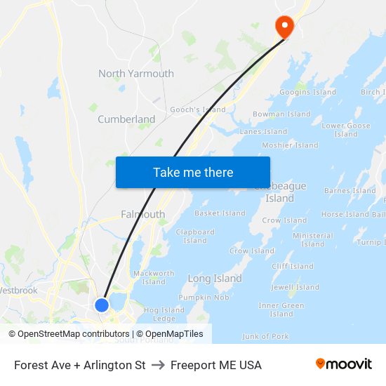 Forest Ave + Arlington St to Freeport ME USA map