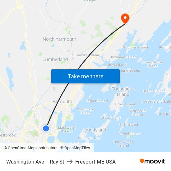 Washington Ave + Ray St to Freeport ME USA map