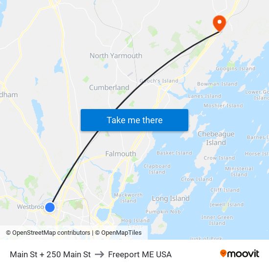 Main St + 250 Main St to Freeport ME USA map