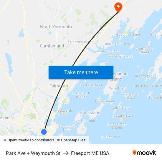 Park Ave + Weymouth St to Freeport ME USA map