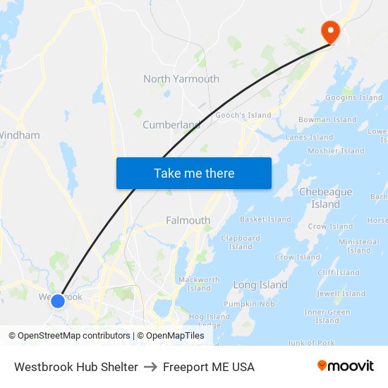 Westbrook Hub Shelter to Freeport ME USA map