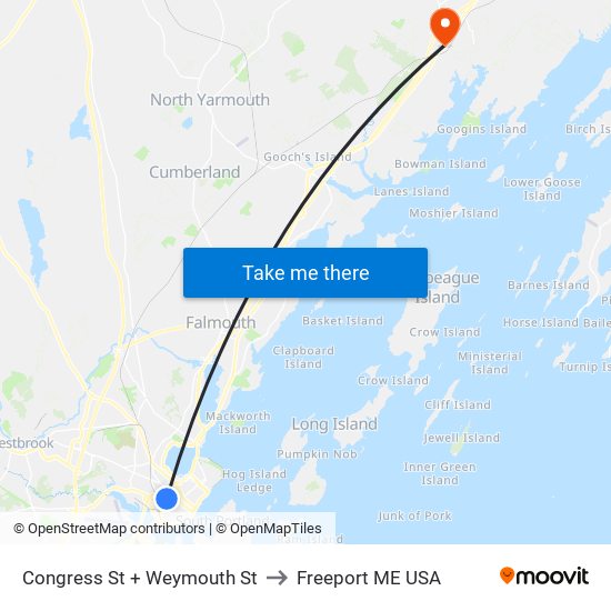 Congress St + Weymouth St to Freeport ME USA map