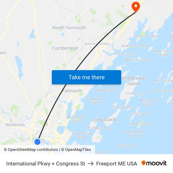 International Pkwy + Congress St to Freeport ME USA map