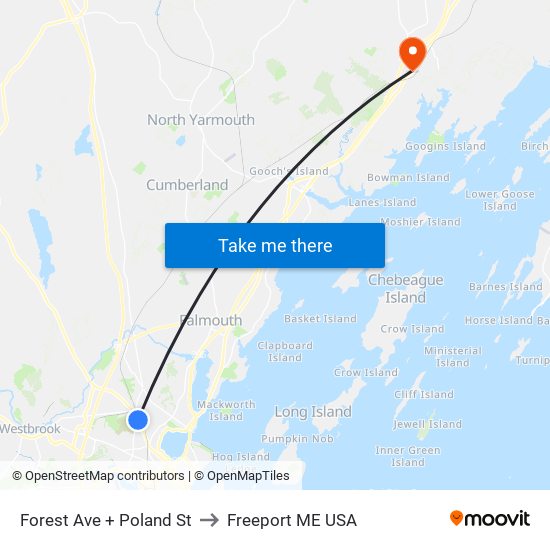 Forest Ave + Poland St to Freeport ME USA map