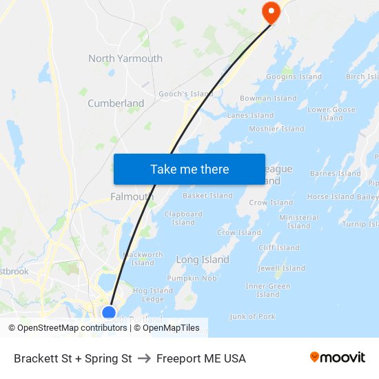 Brackett St + Spring St to Freeport ME USA map