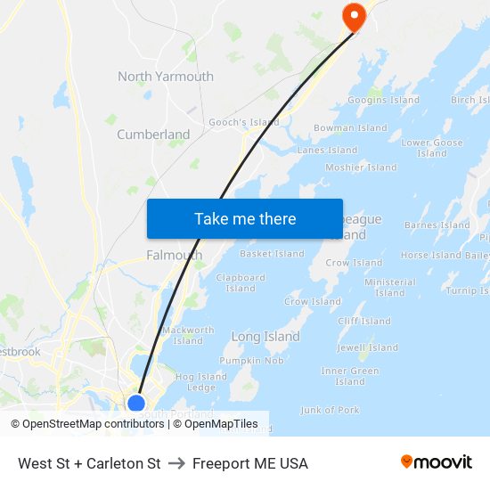 West St + Carleton St to Freeport ME USA map