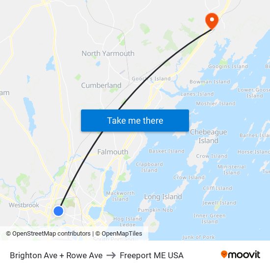 Brighton Ave + Rowe Ave to Freeport ME USA map