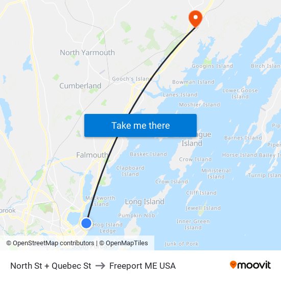 North St + Quebec St to Freeport ME USA map