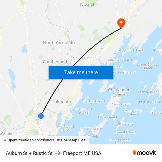 Auburn St + Rustic St to Freeport ME USA map