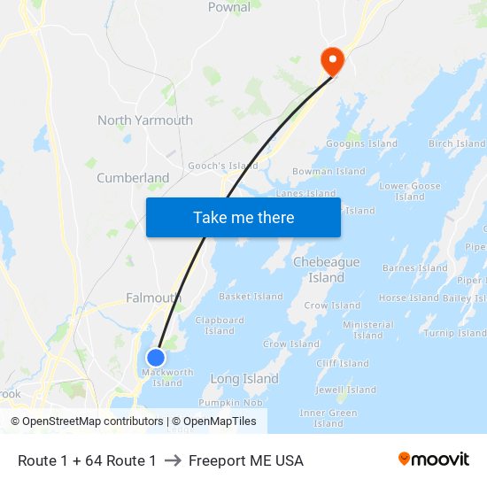 Route 1 + 64 Route 1 to Freeport ME USA map