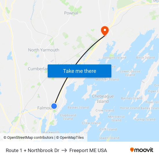 Route 1 + Northbrook Dr to Freeport ME USA map