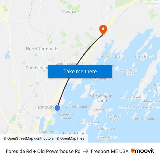 Foreside Rd + Old Powerhouse Rd to Freeport ME USA map