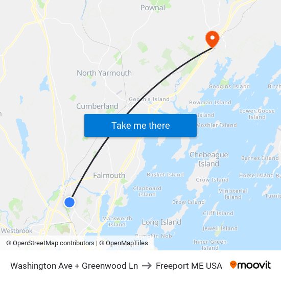 Washington Ave + Greenwood Ln to Freeport ME USA map