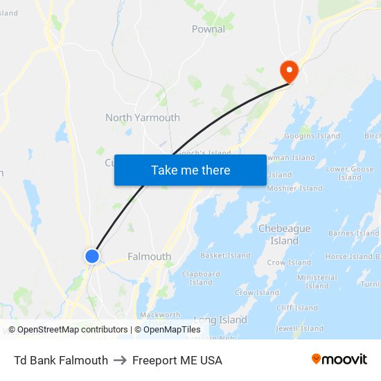 Td Bank Falmouth to Freeport ME USA map