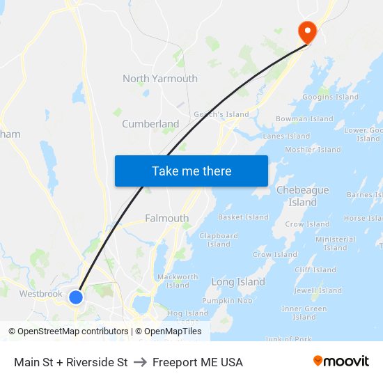 Main St + Riverside St to Freeport ME USA map