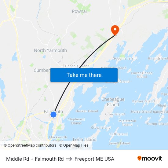 Middle Rd + Falmouth Rd to Freeport ME USA map