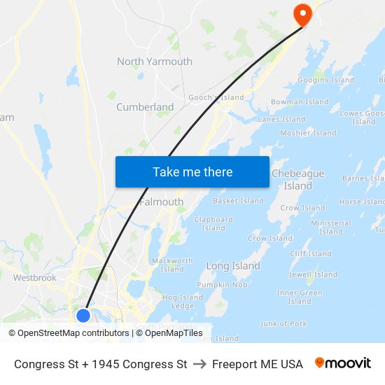 Congress St + 1945 Congress St to Freeport ME USA map