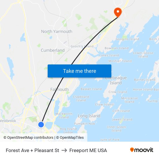 Forest Ave + Pleasant St to Freeport ME USA map