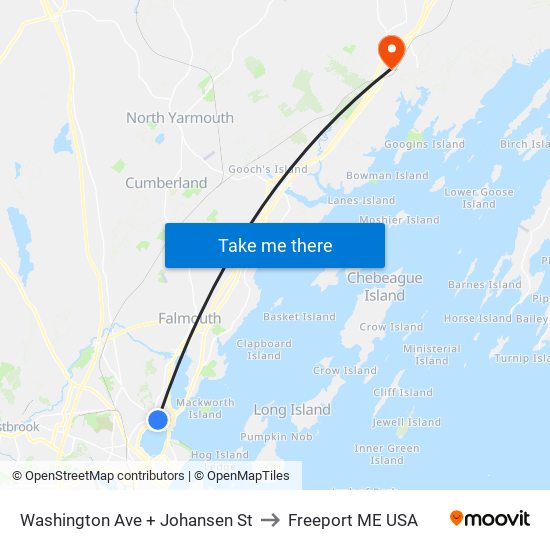 Washington Ave + Johansen St to Freeport ME USA map