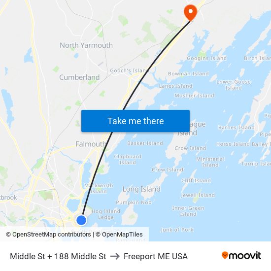 Middle St + 188 Middle St to Freeport ME USA map