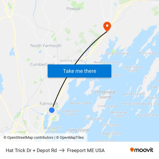 Hat Trick Dr + Depot Rd to Freeport ME USA map