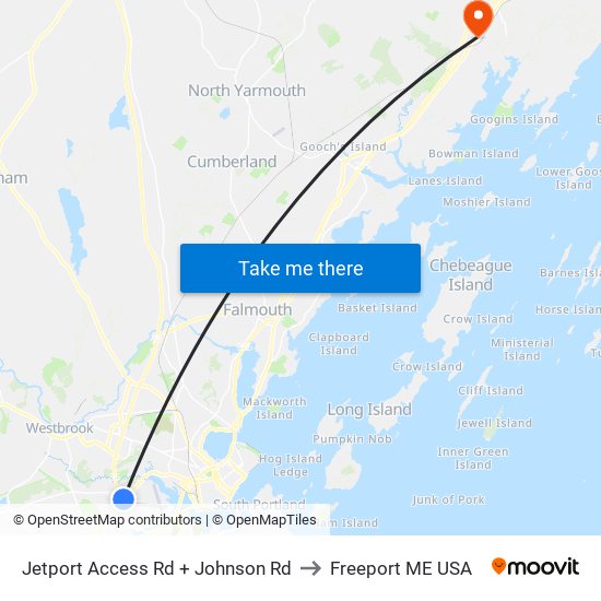 Jetport Access Rd + Johnson Rd to Freeport ME USA map