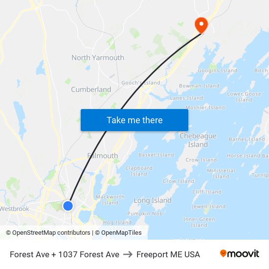 Forest Ave + 1037 Forest Ave to Freeport ME USA map