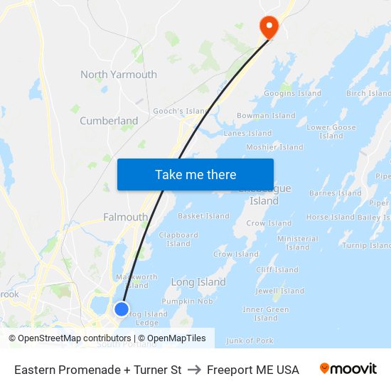 Eastern Promenade + Turner St to Freeport ME USA map