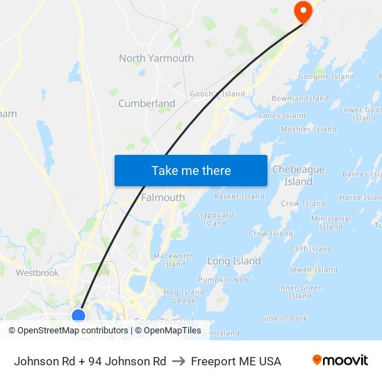 Johnson Rd + 94 Johnson Rd to Freeport ME USA map