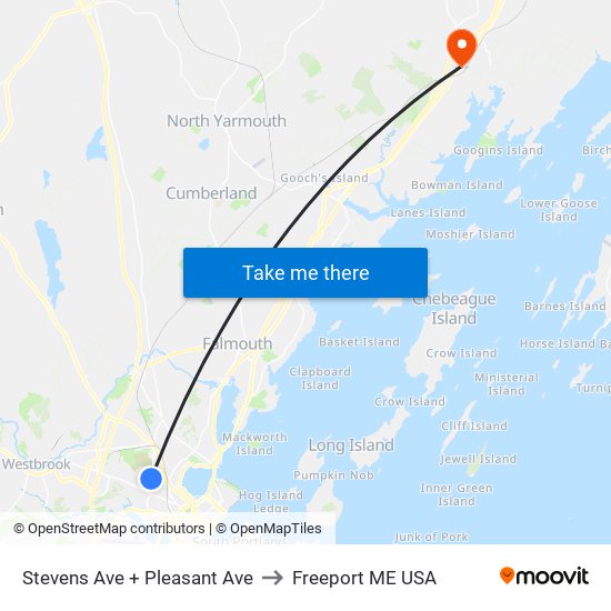 Stevens Ave + Pleasant Ave to Freeport ME USA map