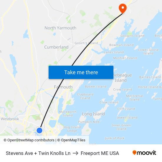 Stevens Ave + Twin Knolls Ln to Freeport ME USA map