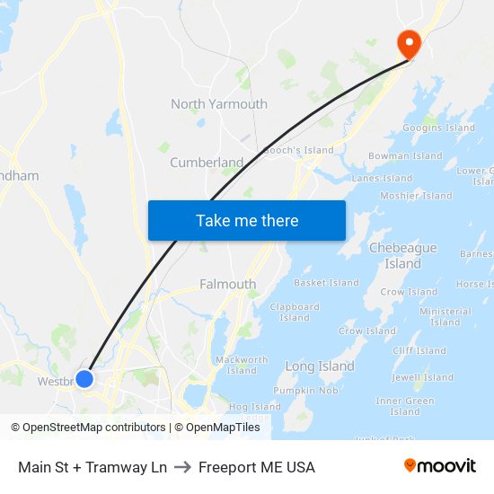 Main St + Tramway Ln to Freeport ME USA map