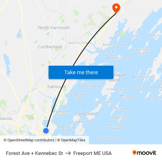 Forest Ave + Kennebec St to Freeport ME USA map