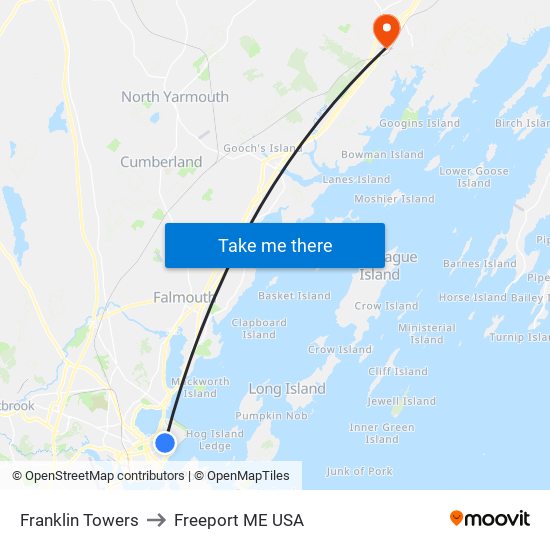 Franklin Towers to Freeport ME USA map