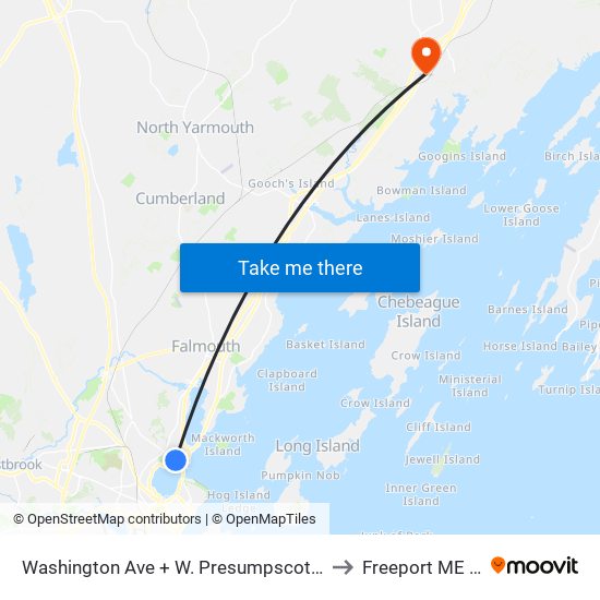 Washington Ave + W. Presumpscot St West to Freeport ME USA map