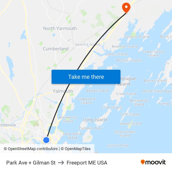 Park Ave + Gilman St to Freeport ME USA map