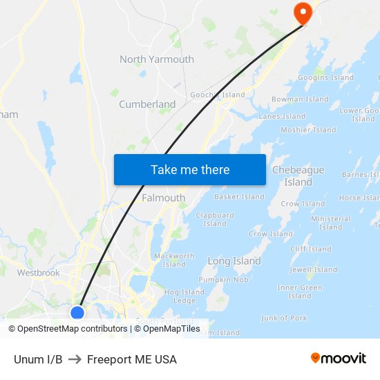 Unum I/B to Freeport ME USA map