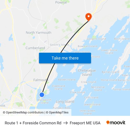 Route 1 + Foreside Common Rd to Freeport ME USA map