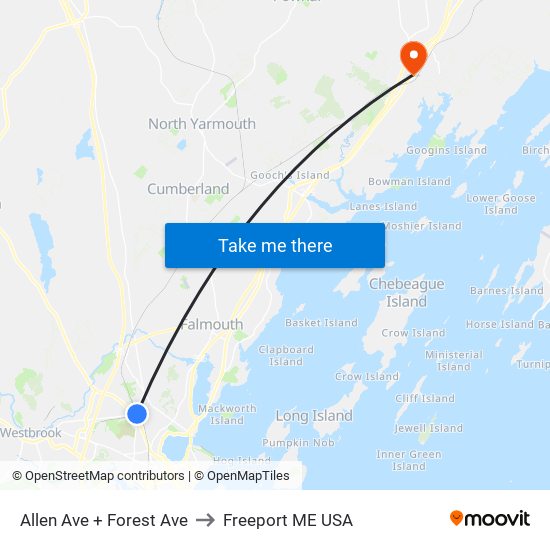 Allen Ave + Forest Ave to Freeport ME USA map