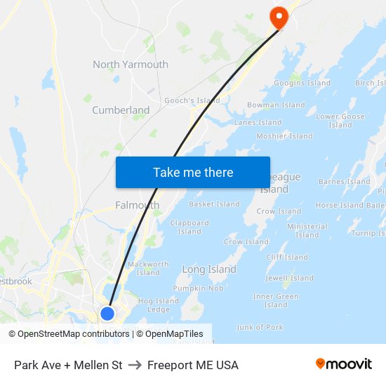 Park Ave + Mellen St to Freeport ME USA map