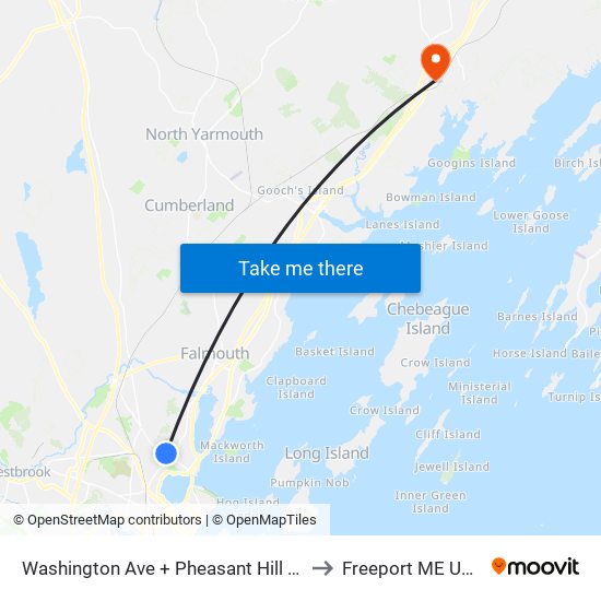 Washington Ave + Pheasant Hill Dr to Freeport ME USA map