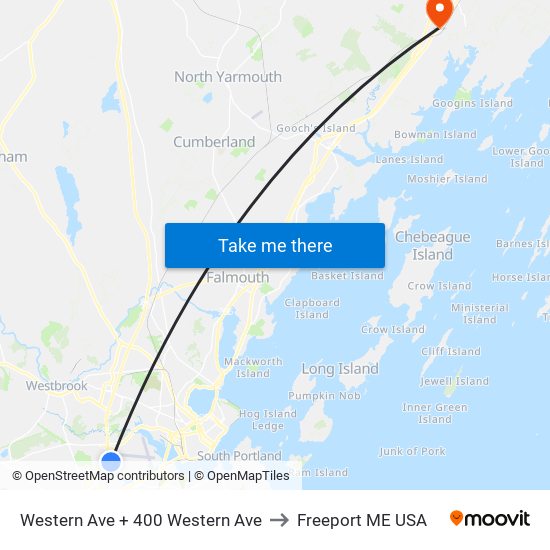 Western Ave + 400 Western Ave to Freeport ME USA map