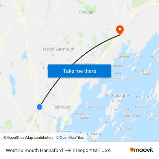 West Falmouth Hannaford to Freeport ME USA map