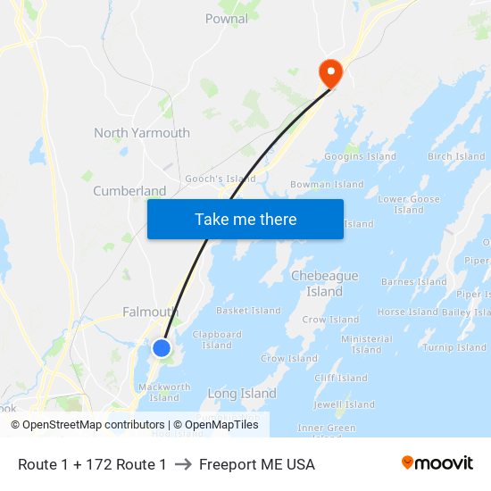 Route 1 + 172 Route 1 to Freeport ME USA map